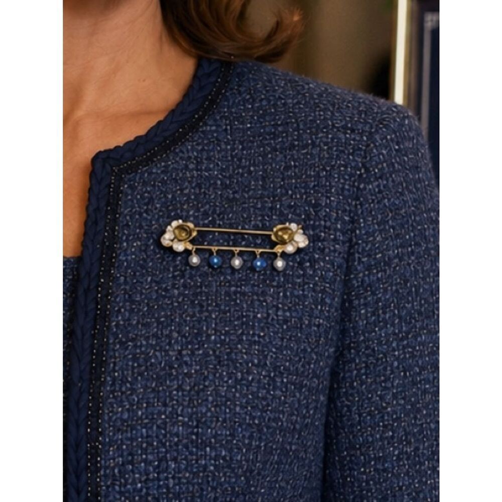 St. John Knits Green/Blue/Silver Safety Pin Beaded Brooch Designer/Luxury NWOT